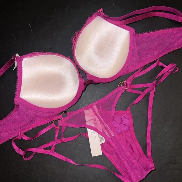 Victoria's Secret 34A BRA SET S cutout strappy Panty OUTRAGEOUS HOT PINK Lace - Picture 3 of 3